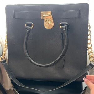 Michael Kors Black Saffiano Satchel with Gold Chain Accents
